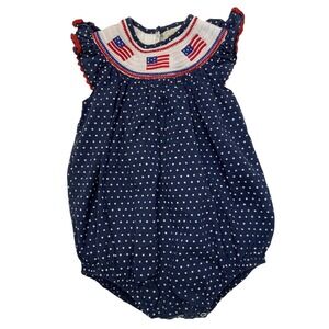 Lil Cactus Romper Blue Smocked American Flag Stars Baby Girl 18-24M Americana